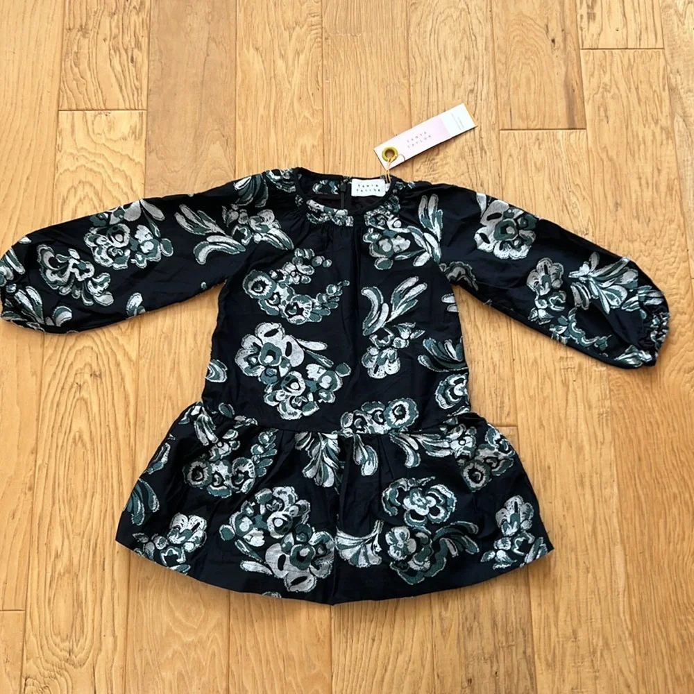 Tanya Taylor XS Mini Elisabeth Dress Black Bloom NWT Ruffle Hem Long Sleeves